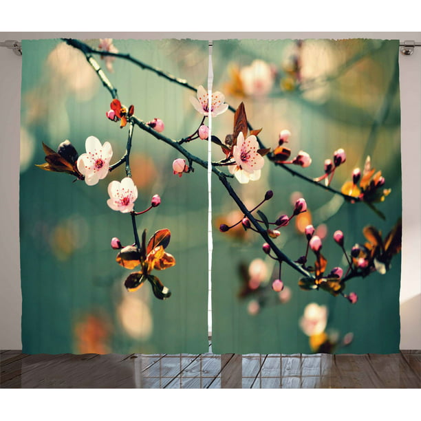 Living Room Bedroom Window Drapes 2 Panel Set Pink Green Ambesonne Nature Curtains 108 X 84 Abstract Composition of Japanese Flourishing Spring Nature in Asia 